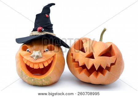 Pumpkin For Halloween Carved In The Shape Of A Smile. Jack Lantern Head Carved  From Pumpkin For Hal