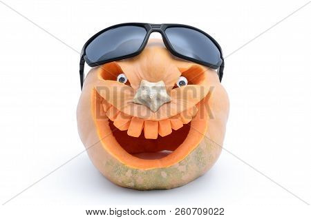 Pumpkin For Halloween Carved In The Shape Of A Smile. Jack Lantern Head Carved  From Pumpkin For Hal