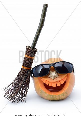 Pumpkin For Halloween Carved In The Shape Of A Smile. Jack Lantern Head Carved  From Pumpkin For Hal