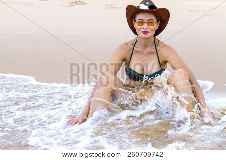 Woman Happy Relax With Bikini And Wave On Beach At Bang Beot Beach, Chumphon Province Thailand