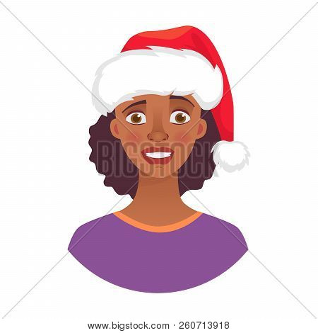 Christmas Woman In Santa Claus Hat. Emotions Of African American Woman Face. Facial Expression. Afri