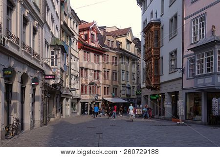 St. Gallen, Switzerland, 2018.07.06. : A Street In The Old Town Of St. Gallen In Evening Light
