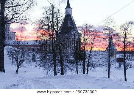 Iversky Monastery In Valdai In The Winter At Sunset, Russia