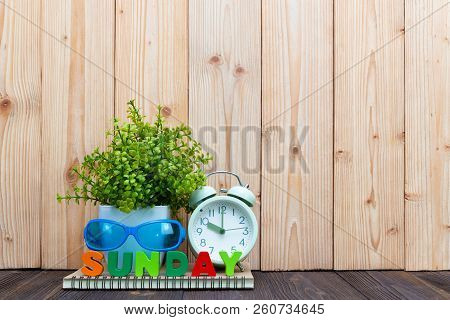 Sunday Letters Text And Notebook Paper, Alarm Clock And Little Decoration Tree In White Vase On Wood