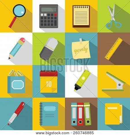 Stationery Symbols Icons Set. Flat Illustration Of 16 Stationery Symbols Icons For Web