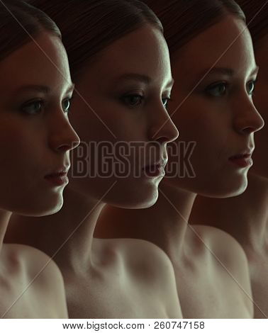 Close-up Of The Face Of Beautiful Robot Girls. Dark Group Portrait. Replicants Or Clones