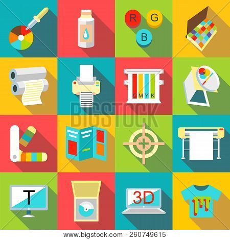 Printing Processes Icons Set. Flat Illustration Of 16 Printing Processes Icons For Web