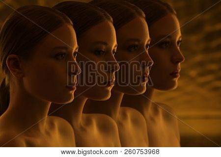 Mysterious Faces Of Girls. Doubts And Reflections. Dark Group Portrait. Replicants Or Clones