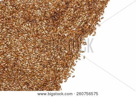 Lot Of Whole Fresh Brown Flaxseeds With Space For Text Flatlay Isolated On White Background