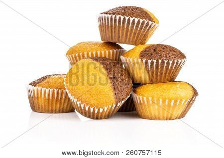 Group Of Six Whole Fresh Baked Marble Muffin Isolated On White Background