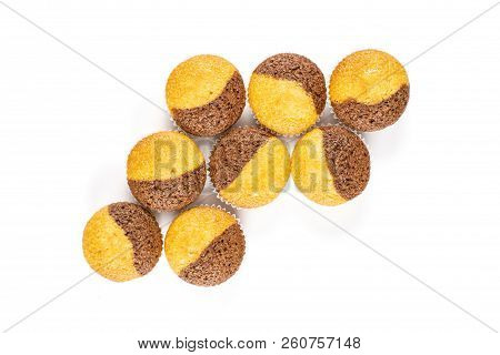 Group Of Eight Whole Tasty Fresh Baked Marble Muffin Flatlay Isolated On White Background