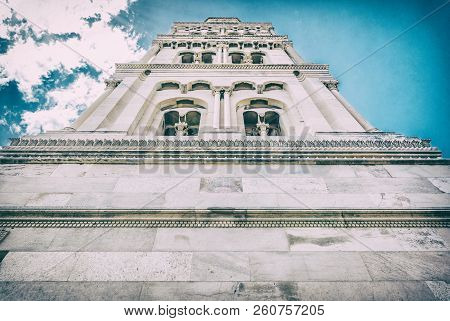 Cathedral Of Saint Domnius In Split, Croatia. Religious Architecture. Travel Destination. Clouds And