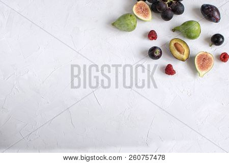 Flat Lay Italian Aperitivo Wine Appetizer Fig Prosciutto Grape Plum Cheese Focaccia Grissini Raspber