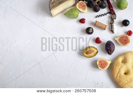 Flat Lay Italian Aperitivo Wine Appetizer Fig Prosciutto Grape Plum Cheese Focaccia Grissini Raspber