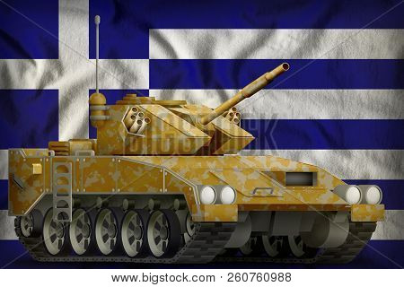 Light Tank Apc With Desert Camouflage On The Greece Flag Background. 3d Illustration