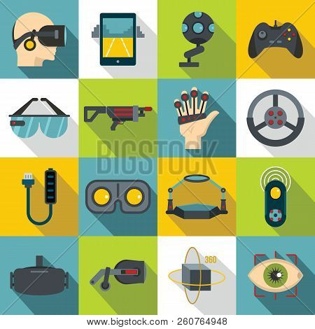 Virtual Reality Icons Set. Flat Illustration Of 16 Virtual Reality Icons For Web