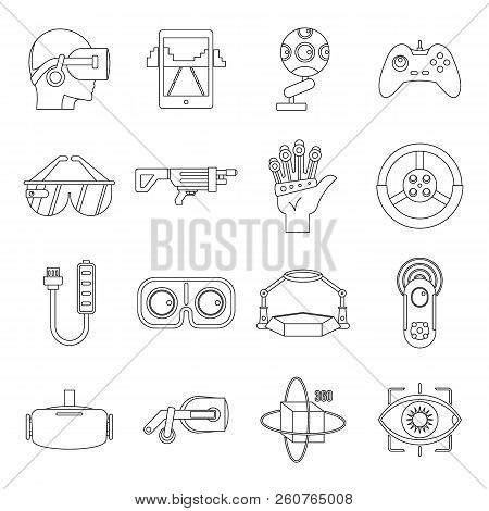 Virtual Reality Icons Set. Outline Illustration Of 16 Virtual Reality Icons For Web