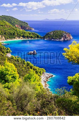 Beautiful beaches and nature of Skopelos island. Stafilos bay. Northen Sporades of Greece