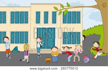 Group Of Pupils In Front Of The School. Boy With Ball, Teenage Boy Meeting His Girlfriend, Little Gi