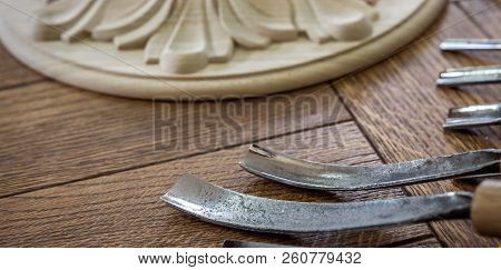 Wood Processing. Joinery Work. Wood Carving  With Work Tools Clo