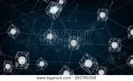 Blockchain Network Concept.isometric Digital Blocks Square Code Big Data Connection With Distributed