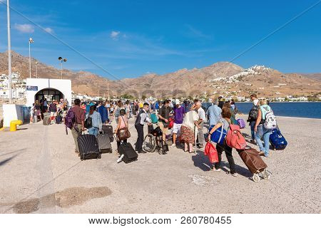 Serifos, Greece - September 8, 2018: Tourists Disembark From Ferry Ship In Serifos Island. Cyclades