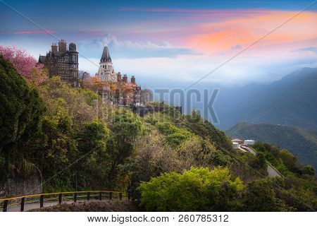Landscape Scenery View Of Old England Manor With Sunrise Sky Background, Near Cingjing Farm And Ever
