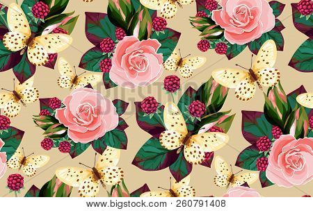 Vector Floral  Seamless Pattern Flowers And Butterflies