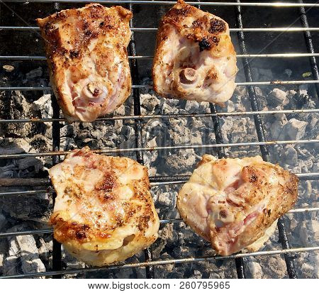 Beautiful Tasty Food From Slice Grilled Chicken Meats, Roast On Metal Brazier. Meat Of Bird With Cri