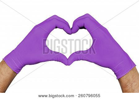 Male Hands In Violet Medical Gloves Showing Heart Sign Isolated On White Background