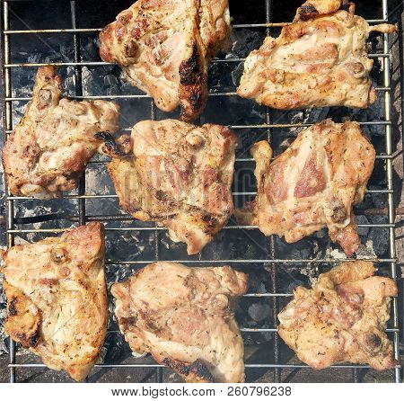 Beautiful Tasty Food From Slice Grilled Chicken Meats, Roast On Metal Brazier. Meat Of Bird With Cri