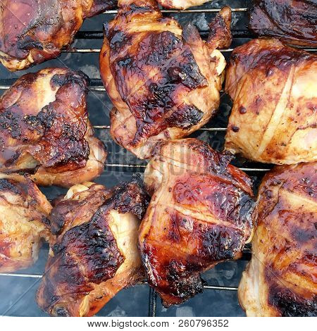 Beautiful Tasty Food From Slice Grilled Chicken Meats, Roast On Metal Brazier. Meat Of Bird With Cri
