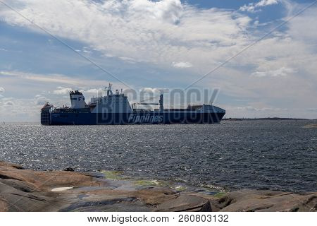 Editorial 08.18.2018 Hanko Finland, Port Of Hanko With Cargo Ship Finnmerchant Leaving The Port