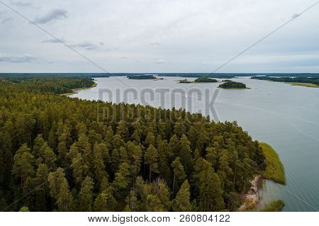 Aerial View From High Altitude Of The Forest And Archipelago Outside Tammisaari Finland On A Day Wit