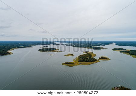 Aerial View From High Altitude Of The Archipelago Outside Tammisaari Finland On A Day Without Sunshi