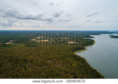 Aerial View From High Altitude Of The Forest And Archipelago Outside Tammisaari Finland On A Day Wit
