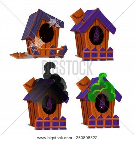 Set Of Wooden Birdhouses With A Bat Inside And Poisonous Smoke Isolated On White Background. Sketch 