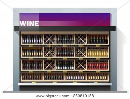 Various Bottles Of Wine Display On Shelf In Supermarket , Vector , Illustration