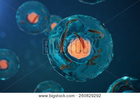 3d Illustration Cell Of A Living Organism, Scientific Concept. Illustration On A Blue Background. Th