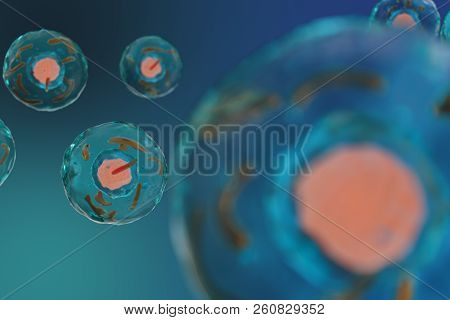 3d Illustration Cell Of A Living Organism, Scientific Concept. Illustration On A Blue Background. Th