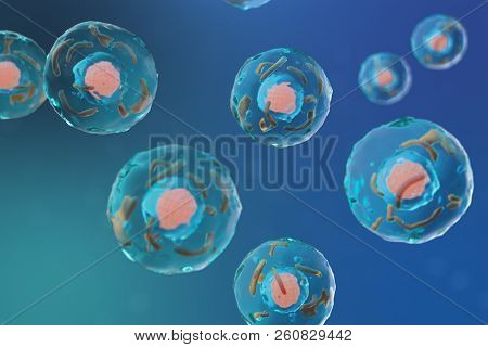 3d Illustration Cell Of A Living Organism, Scientific Concept. Illustration On A Blue Background. Th