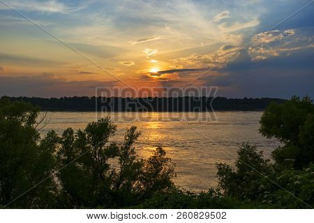 Beautiful Scene With The Mississippi River At Sunset Near The City Of Vicksburg In The State Of Miss