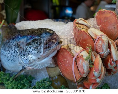 Raw Pacific Salmon And Dungeness Crab Sitting In Ice At A Restaurant Prepared For Cooking