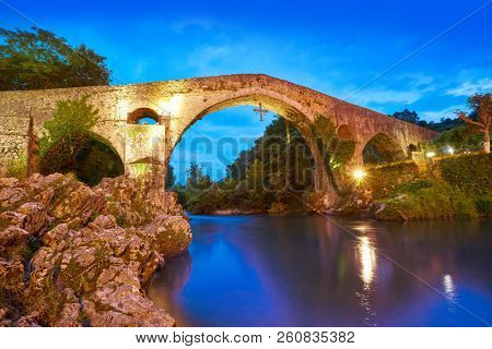 Cangas de Onis roman bridge on Sella river in Asturias of Spain