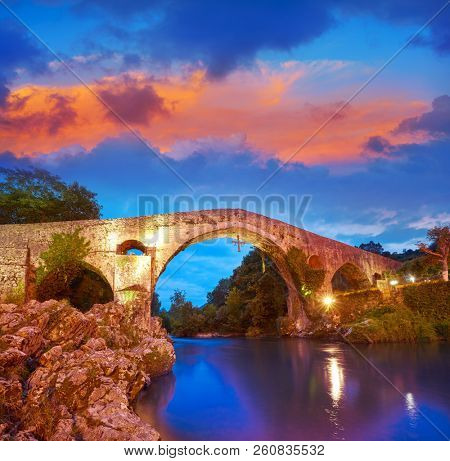 Cangas de Onis roman bridge on Sella river in Asturias of Spain