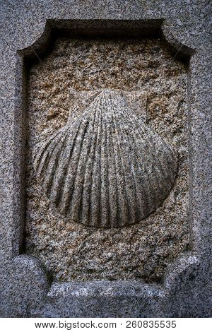Camino Santiago stone shell sign in Combarro Way of Saint James at Galicia Spain