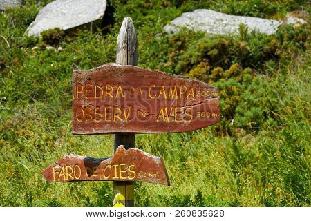 Islas Cies islands lighthouse Faro Cies sign in wood  Vigo of Galicia