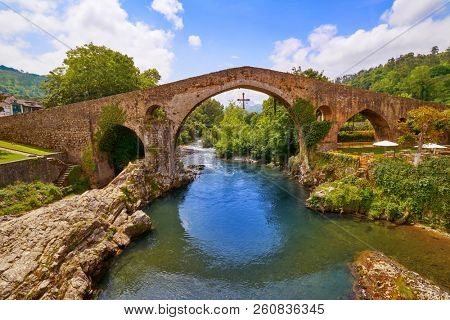 Cangas de Onis roman bridge on Sella river in Asturias of Spain