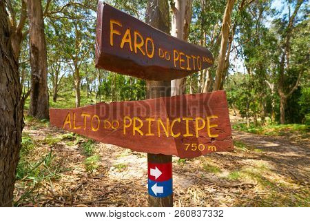 Faro Peito road sign to Lighthouse in Islas Cies islands of Vigo Spain