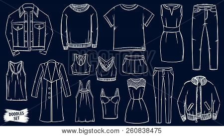 Clothes Doodles Set. Fashion Sketch. Apparel. Outfit. Fashion Collection. Casual Style. Travel Lugga